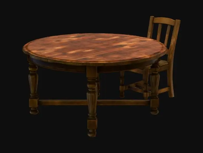 3D model for внутри старого дома: стол, стул один деревянный расположены на расстоянии стола , камин. обстановка старая, уютно