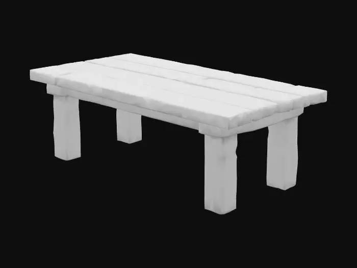 3D model for Create a 3D model of a rustic wooden table with dark, aged wood. The tabletop should be made of uneven, wide wooden planks with visible cracks, wear, and natural imperfections. Use rough, slightly irregular edges and a matte, dry wood texture. The legs must be thick, straight, and simple, made of the same old wood, giving a sturdy appearance. Do not place any objects on the table—keep the surface completely clean. The style should reflect old cabin furniture, with a worn and heavy look.
