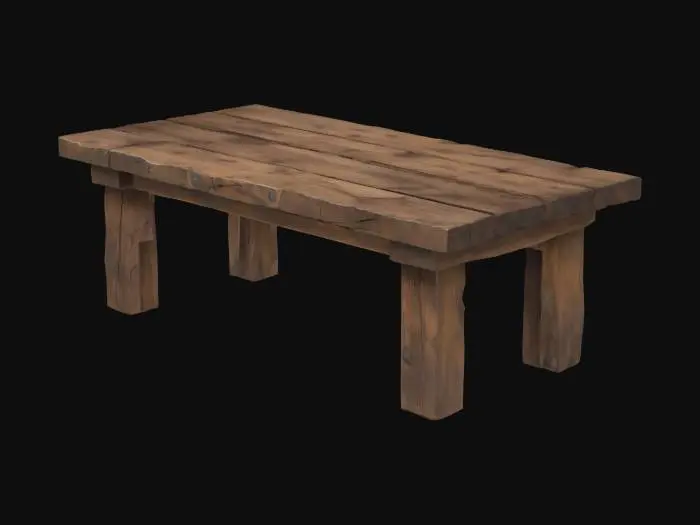 3D model for Create a 3D model of a rustic wooden table with dark, aged wood. The tabletop should be made of uneven, wide wooden planks with visible cracks, wear, and natural imperfections. Use rough, slightly irregular edges and a matte, dry wood texture. The legs must be thick, straight, and simple, made of the same old wood, giving a sturdy appearance. Do not place any objects on the table—keep the surface completely clean. The style should reflect old cabin furniture, with a worn and heavy look.