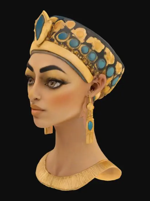 3D model for A regal depiction of Queen Cleopatra's face, featuring a finely sculpted nose and full, serene lips. Her eyes are almond-shaped and meticulously lined with deep black kohl, extending outwards in an elegant sweep. Her skin possesses a smooth, sun-kissed texture, rendered with subtle, warm tones. Adorning her head is an elaborate gold crown, intricately detailed with polished gemstones, reflecting a cool, brilliant luster, and featuring delicate, ornate carvings.