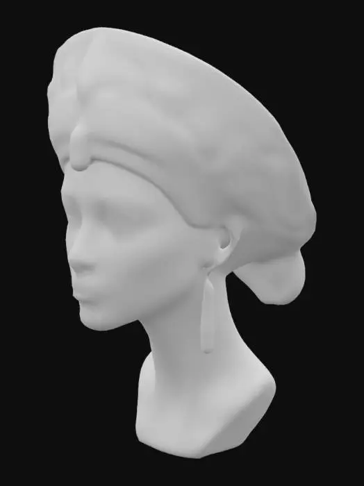 3D model for A regal depiction of Queen Cleopatra's face, featuring a finely sculpted nose and full, serene lips. Her eyes are almond-shaped and meticulously lined with deep black kohl, extending outwards in an elegant sweep. Her skin possesses a smooth, sun-kissed texture, rendered with subtle, warm tones. Adorning her head is an elaborate gold crown, intricately detailed with polished gemstones, reflecting a cool, brilliant luster, and featuring delicate, ornate carvings.