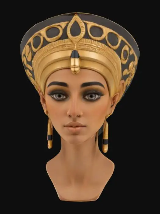 3D model for A regal depiction of Queen Cleopatra's face, featuring a finely sculpted nose and full, serene lips. Her eyes are almond-shaped and meticulously lined with deep black kohl, extending outwards in an elegant sweep. Her skin possesses a smooth, sun-kissed texture, rendered with subtle, warm tones. Adorning her head is an elaborate gold crown, intricately detailed with polished gemstones, reflecting a cool, brilliant luster, and featuring delicate, ornate carvings.