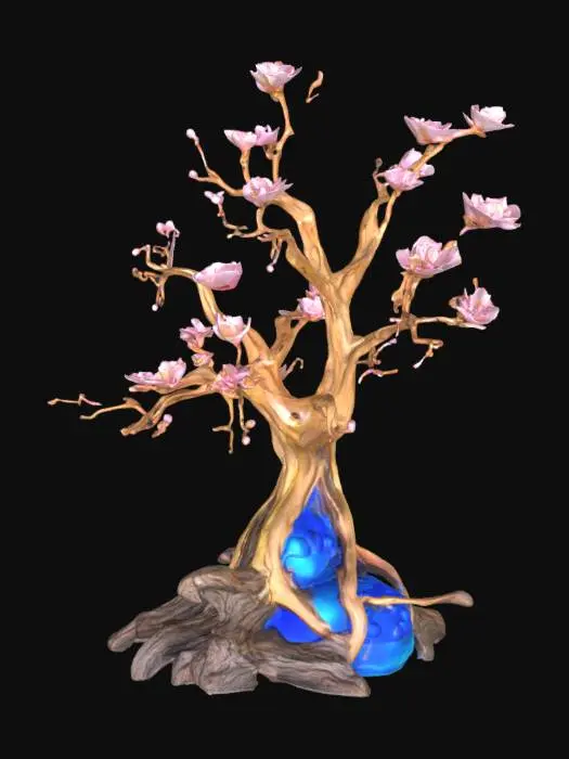 3D model for An otherworldly tree with a complex, bifurcated structure, combining organic wood with intricate, golden metallic segments. The mechanical parts boast a polished, ornate texture, through which a luminous, flowing blue liquid glows with an internal light. Delicate clusters of soft pink blossoms, with smooth, tender petals, emerge from the organic branches, contrasting with the angular, yet fluid, forms of the golden mecha elements. The overall appearance suggests a harmonious blend of natural growth and advanced fabrication.