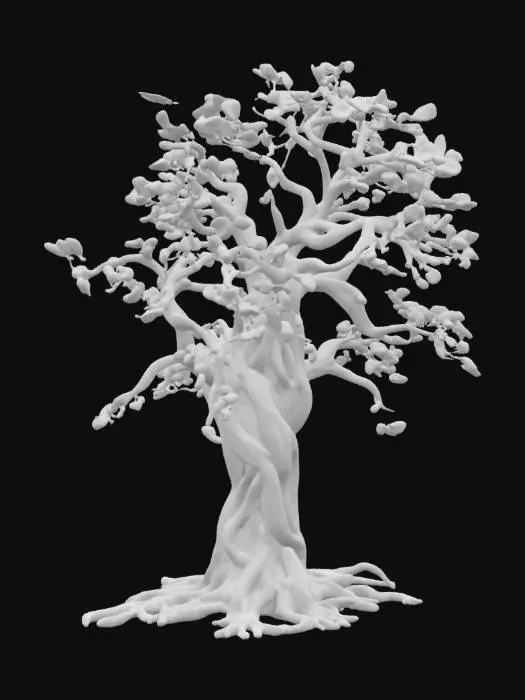 3D model for An otherworldly tree with a complex, bifurcated structure, combining organic wood with intricate, golden metallic segments. The mechanical parts boast a polished, ornate texture, through which a luminous, flowing blue liquid glows with an internal light. Delicate clusters of soft pink blossoms, with smooth, tender petals, emerge from the organic branches, contrasting with the angular, yet fluid, forms of the golden mecha elements. The overall appearance suggests a harmonious blend of natural growth and advanced fabrication.