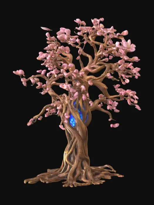 3D model for An otherworldly tree with a complex, bifurcated structure, combining organic wood with intricate, golden metallic segments. The mechanical parts boast a polished, ornate texture, through which a luminous, flowing blue liquid glows with an internal light. Delicate clusters of soft pink blossoms, with smooth, tender petals, emerge from the organic branches, contrasting with the angular, yet fluid, forms of the golden mecha elements. The overall appearance suggests a harmonious blend of natural growth and advanced fabrication.