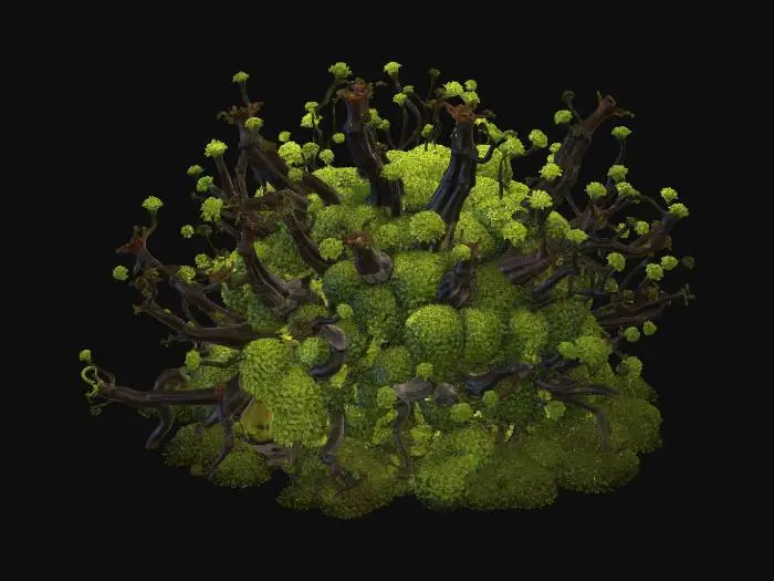 3D model for Highly detailed mutated wasteland Bush. Post Apocalyptic Plan Life Inspired by I. Raided environments. The Bush has twisted branches, thinking mutated stems. An irregular organic growth. The leaves are wrapped and. Partially fused together. With some sections replaced by fungal growths. And glowing spores. Include clusters of strange alien Moss. Small. Lubis Gross. And spore pods growing from the branches. Some leaves should appear damaged or mutated with unusual shapes. And curly edges. Colors should be vibrant but natural. Deep greens toxic lime green. Dark Moss rusty browns and hints of bioluminous yellow or green glowing spots. The surface should be extremely detailed with visible veins, organic fibers, fungal textures and rough. Bark like stems. Realistic PBR materials with high textu