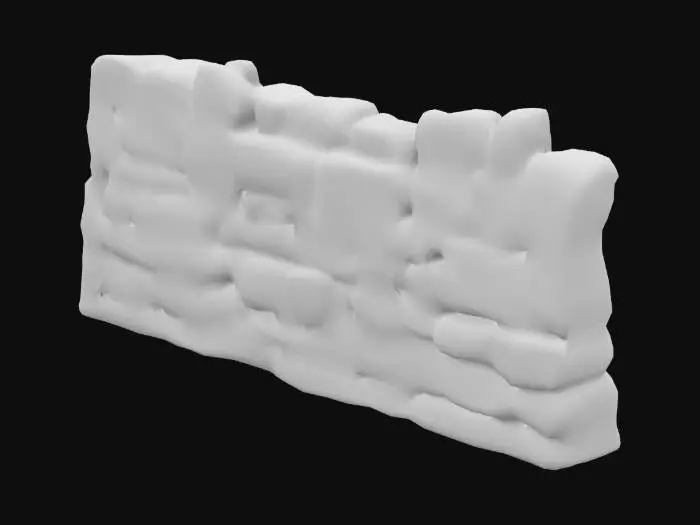 3D model for Create a 3D model of an aged stone wall with dimensions of 10 feet tall, 2 feet wide, and 20 feet long. The wall should have a weathered appearance with irregularly shaped stones, cracks, and patches of moss for realism. Ensure the model includes natural surface variations and is optimized for use in architectural or gaming environments. The stone textures should seamlessly repeat for easy extension, and the edges should maintain realistic detail