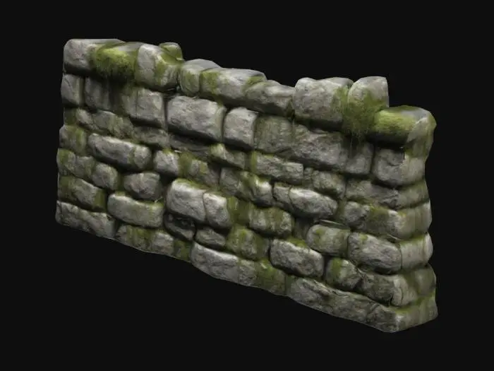 3D model for Create a 3D model of an aged stone wall with dimensions of 10 feet tall, 2 feet wide, and 20 feet long. The wall should have a weathered appearance with irregularly shaped stones, cracks, and patches of moss for realism. Ensure the model includes natural surface variations and is optimized for use in architectural or gaming environments. The stone textures should seamlessly repeat for easy extension, and the edges should maintain realistic detail