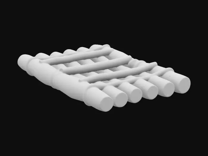 3D model for "Create a realistic, detailed 3D model of an old wooden raft. The raft should be made of rough, weathered wooden logs tied together with frayed ropes. Include natural imperfections like cracks, knots, and uneven edges on the logs. Add subtle details like moss or water stains to emphasize age and use. The design should feature a few simple wooden crossbeams for stability, with a rustic and hand-crafted appearance. Ensure the textures highlight the wood’s grain and weathering."






