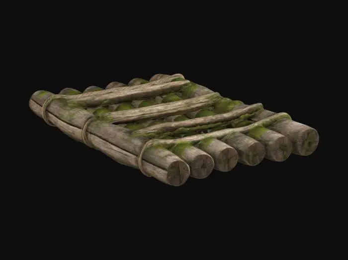 3D model for "Create a realistic, detailed 3D model of an old wooden raft. The raft should be made of rough, weathered wooden logs tied together with frayed ropes. Include natural imperfections like cracks, knots, and uneven edges on the logs. Add subtle details like moss or water stains to emphasize age and use. The design should feature a few simple wooden crossbeams for stability, with a rustic and hand-crafted appearance. Ensure the textures highlight the wood’s grain and weathering."







