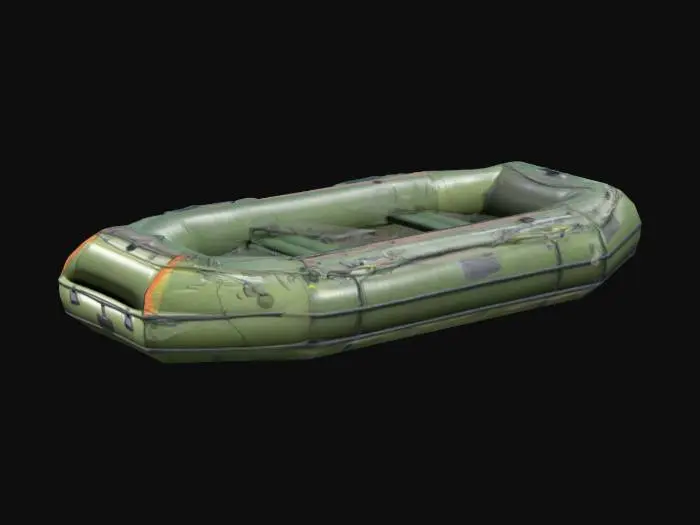3D model for "Create a realistic, detailed 3D model of an inflatable raft. The raft should have a slightly textured rubber surface with visible seams where the material is joined. Include air-filled compartments and reinforced edges for durability. Add details like safety ropes along the sides, grab handles, and a textured floor for grip. The model should have subtle creases and folds to emphasize the inflatable design. Ensure proportions are accurate and optimized for lifelike rendering."