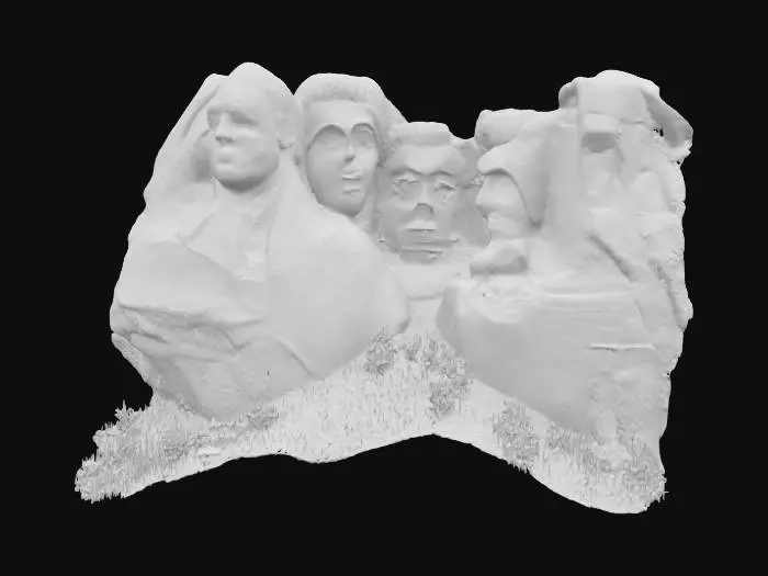3D model for #AroundTheWorld#, High-detail 3D model of Mount Rushmore, showing the granite cliff face with the four iconic presidential busts—Washington, Jefferson, Roosevelt, Lincoln—carefully sculpted in heroic scale. Preserve realistic facial proportions, deep eye sockets, and crisp plane changes while keeping overall topology clean for efficient rendering. Include fractured ledges and talus slope; omit surrounding forest or visitor areas