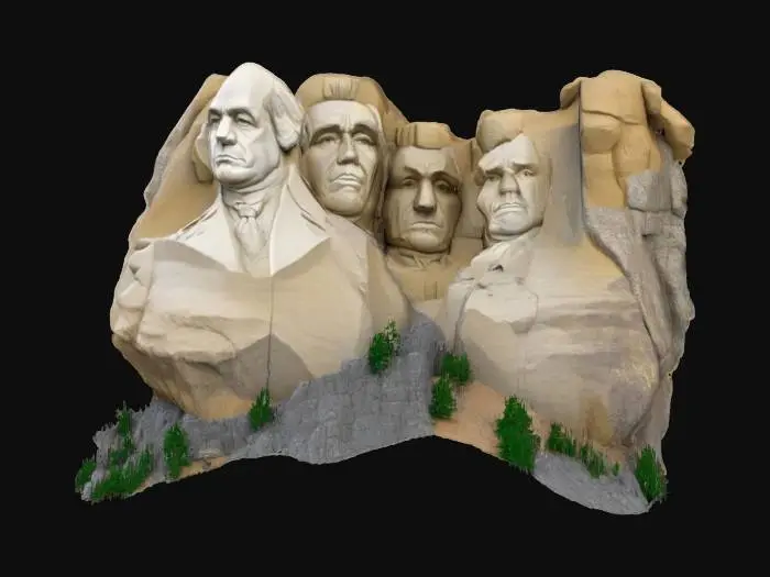 3D model for #AroundTheWorld#, High-detail 3D model of Mount Rushmore, showing the granite cliff face with the four iconic presidential busts—Washington, Jefferson, Roosevelt, Lincoln—carefully sculpted in heroic scale. Preserve realistic facial proportions, deep eye sockets, and crisp plane changes while keeping overall topology clean for efficient rendering. Include fractured ledges and talus slope; omit surrounding forest or visitor areas