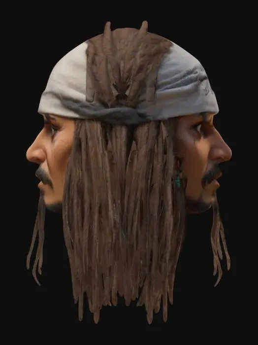 3D model for a lifelike, symmetrical 3D model of Jack Sparrow's head. Include his iconic tanned skin, trimmed beard with braids, dark eyeliner, and neutral yet mischievous expression. Add his signature bandana with detailed fabric folds, a few loose hair strands, and braided dreadlocks with beads. Ensure high-quality skin textures with visible pores, symmetrical facial features, and optimized details for realistic rendering, capturing his charismatic and adventurous look