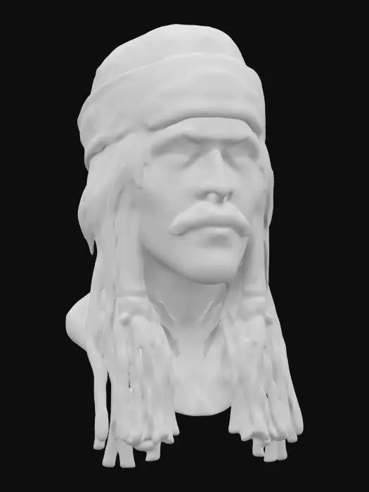 3D model for a lifelike, symmetrical 3D model of Jack Sparrow's head. Include his iconic tanned skin, trimmed beard with braids, dark eyeliner, and neutral yet mischievous expression. Add his signature bandana with detailed fabric folds, a few loose hair strands, and braided dreadlocks with beads. Ensure high-quality skin textures with visible pores, symmetrical facial features, and optimized details for realistic rendering, capturing his charismatic and adventurous look