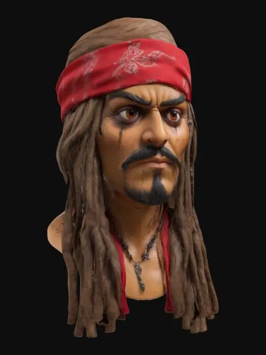 3D model for a lifelike, symmetrical 3D model of Jack Sparrow's head. Include his iconic tanned skin, trimmed beard with braids, dark eyeliner, and neutral yet mischievous expression. Add his signature bandana with detailed fabric folds, a few loose hair strands, and braided dreadlocks with beads. Ensure high-quality skin textures with visible pores, symmetrical facial features, and optimized details for realistic rendering, capturing his charismatic and adventurous look