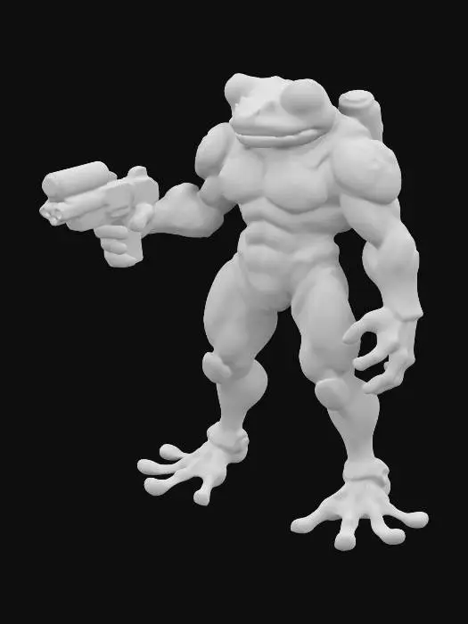 3D model for A highly detailed, futuristic frog warrior with vibrant amphibian features wearing sleek, sci-fi armor. Include neon accents, advanced weaponry, and subtle biomechanical details. Pose the warrior dynamically, emphasizing a blend of amphibious agility and cutting-edge technology.