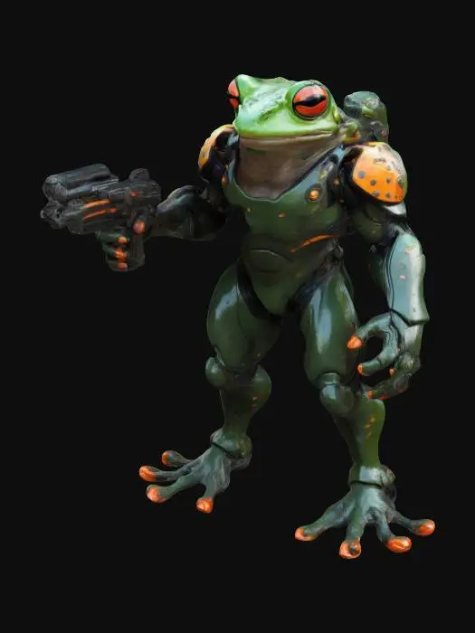 3D model for A highly detailed, futuristic frog warrior with vibrant amphibian features wearing sleek, sci-fi armor. Include neon accents, advanced weaponry, and subtle biomechanical details. Pose the warrior dynamically, emphasizing a blend of amphibious agility and cutting-edge technology.