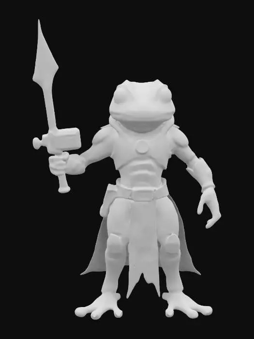 3D model for A highly detailed, futuristic frog warrior with vibrant amphibian features wearing sleek, sci-fi armor. Include neon accents, advanced weaponry, and subtle biomechanical details. Pose the warrior dynamically, emphasizing a blend of amphibious agility and cutting-edge technology.