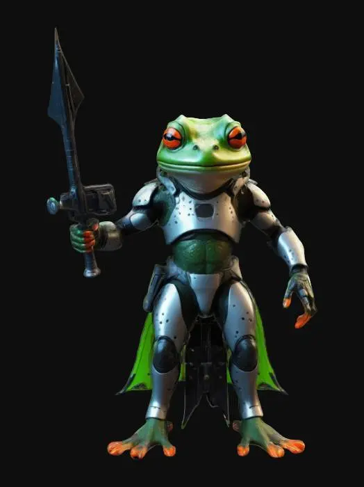 3D model for A highly detailed, futuristic frog warrior with vibrant amphibian features wearing sleek, sci-fi armor. Include neon accents, advanced weaponry, and subtle biomechanical details. Pose the warrior dynamically, emphasizing a blend of amphibious agility and cutting-edge technology.