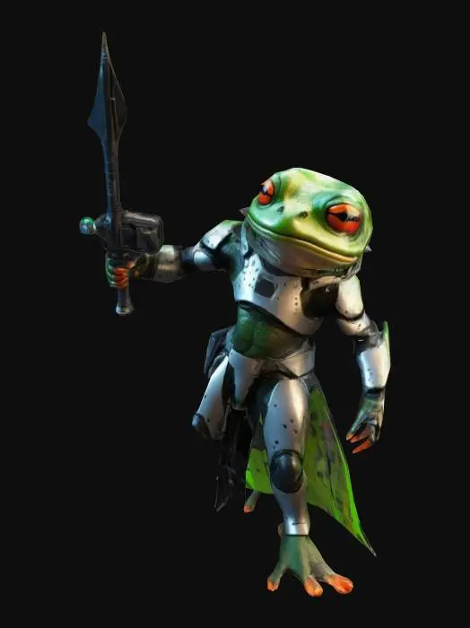 3D model for A highly detailed, futuristic frog warrior with vibrant amphibian features wearing sleek, sci-fi armor. Include neon accents, advanced weaponry, and subtle biomechanical details. Pose the warrior dynamically, emphasizing a blend of amphibious agility and cutting-edge technology.