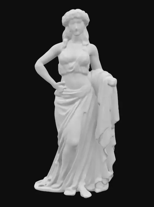 3D model for Generate a breathtakingly beautiful Greek goddess with regal posture and serene facial features. She wears a flowing, draped gown in the classical style, with subtle folds and a gentle breeze effect in her hair. Include graceful arm positioning, a delicate laurel wreath or golden headpiece, and an aura of divine elegance that highlights her timeless beauty