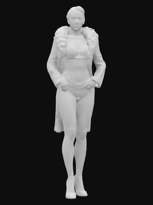 3D model for #women#, Design a glamorous female model wearing chic designer underwear and a luxurious fur coat draped open to reveal her confident pose. The coat should be mid-length with a voluminous collar, and the underwear set is stylish, featuring a supportive bra and matching bottoms. Pose the model elegantly, one hand resting on her hip, chin slightly raised. Emphasize poise and haute couture flair rather than overt sensuality, capturing a poised runway-inspired look