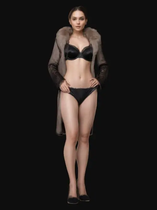 3D model for #women#, Design a glamorous female model wearing chic designer underwear and a luxurious fur coat draped open to reveal her confident pose. The coat should be mid-length with a voluminous collar, and the underwear set is stylish, featuring a supportive bra and matching bottoms. Pose the model elegantly, one hand resting on her hip, chin slightly raised. Emphasize poise and haute couture flair rather than overt sensuality, capturing a poised runway-inspired look