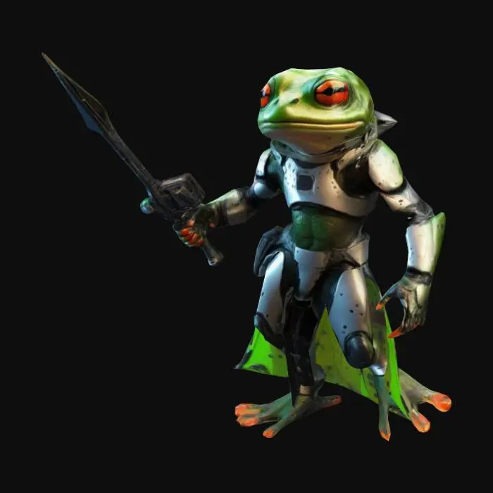 3D model for A highly detailed, futuristic frog warrior with vibrant amphibian features wearing sleek, sci-fi armor. Include neon accents, advanced weaponry, and subtle biomechanical details. Pose the warrior dynamically, emphasizing a blend of amphibious agility and cutting-edge technology.