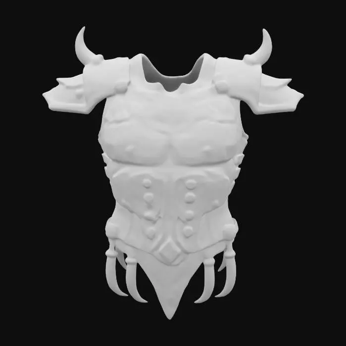 3D model for #ChronoForgeWeapon#, Create a battle-worn chest plate with a prehistoric bone framework, layered medieval iron plating, and embedded futuristic energy nodes. The pauldrons feature curved fossil tusks, while the breastplate has glowing runic inscriptions. The energy nodes pulse, adjusting to the wearer’s movement through time.