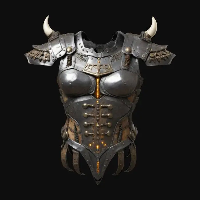 3D model for #ChronoForgeWeapon#, Create a battle-worn chest plate with a prehistoric bone framework, layered medieval iron plating, and embedded futuristic energy nodes. The pauldrons feature curved fossil tusks, while the breastplate has glowing runic inscriptions. The energy nodes pulse, adjusting to the wearer’s movement through time.
