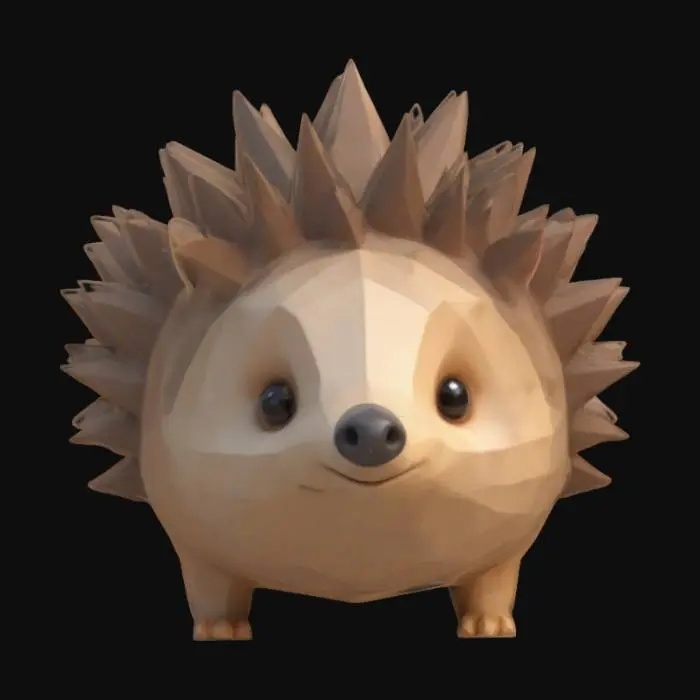 3D model for Create a cute low-poly hedgehog with rounded body, small spikes, tiny nose, and gentle eyes. Use earthy tones and minimal detail to highlight its shy, lovable personality.