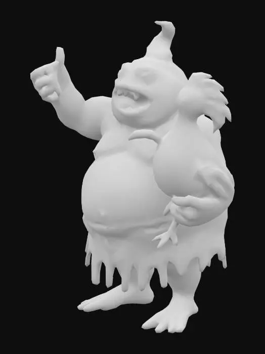 3D model for fat slime monster queen pointing a large chicken leg in front of her, wearing a brown toga.