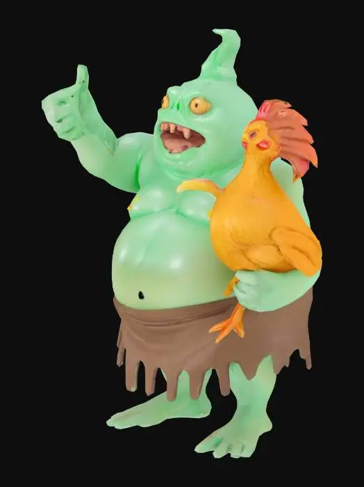 3D model for fat slime monster queen pointing a large chicken leg in front of her, wearing a brown toga.