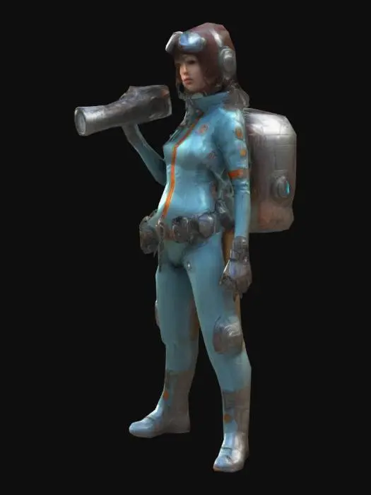3D model for #ChronoForgeWeapon#, cute and sexy female time traveler, ANIME sci fi  she wears a chrono jump suit/ combining biomecha and steam punk elements , suitable for time traveling, creative unusual device in the style of moebius,, highly detailed, best resolution, sharp details, natural  muted but slightly vibrant colors, smooth shading, soft shapes, toon shading slightly pixar, surfaces are matte, rough and distressed