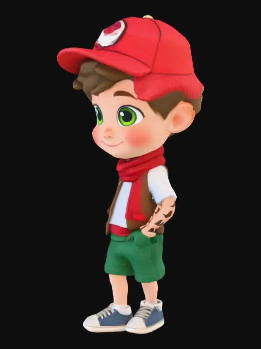 3D model for Ultra-detailed Pixar/Disney style 3D character, cute young boy walking forward confidently, stylized cartoon proportions, big expressive green eyes, soft round face, curly brown hair under a red cap, wearing red scarf, white shirt, brown vest, green shorts and casual shoes. Cinematic warm lighting, golden hour atmosphere, soft depth of field, vibrant natural outdoor environment with mountains and sky background. Smooth animation-quality rendering, high realism textures, soft shadows, professional character design, full body shot, slight low angle perspective, cinematic composition, ultra sharp focus, 8K resolution, Unreal Engine / Pixar quality, clean render, no text, no watermark.