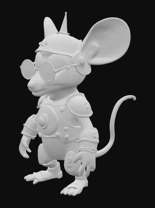 3D model for a steampunk mouse that is brown with black spots standing on two legs. 

Helmet: Made from the rounded cap of a mechanical pencil, painted matte black with copper wire accents. A slit cut out for his eyes gives him a “tactical knight” look.

Chestplate: Formed from a piece of an old stainless steel measuring spoon, bent and shaped to his chest. Smooth, reflective, with a small emblem carved in the center (maybe his family’s old wheat symbol).

Shoulder Guards: Crafted from the hinge-plates of old sunglasses, shaped and riveted onto leather scraps (from a glove or wallet lining).
Arm Guards: Thin brass pen tubes, split and padded with soft cloth—gives a cool "mechanical bracer" look.

Boots: Rubber tips from broken earbuds, turned into functional, shock-absorbing footwear.
