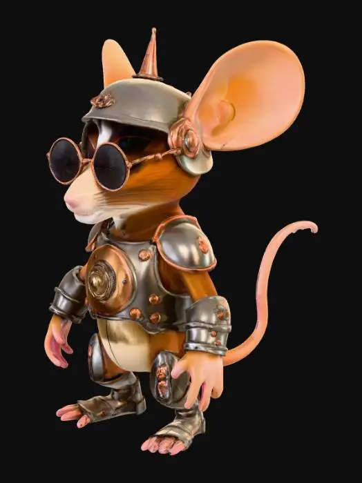3D model for a steampunk mouse that is brown with black spots standing on two legs. 

Helmet: Made from the rounded cap of a mechanical pencil, painted matte black with copper wire accents. A slit cut out for his eyes gives him a “tactical knight” look.

Chestplate: Formed from a piece of an old stainless steel measuring spoon, bent and shaped to his chest. Smooth, reflective, with a small emblem carved in the center (maybe his family’s old wheat symbol).

Shoulder Guards: Crafted from the hinge-plates of old sunglasses, shaped and riveted onto leather scraps (from a glove or wallet lining).
Arm Guards: Thin brass pen tubes, split and padded with soft cloth—gives a cool "mechanical bracer" look.

Boots: Rubber tips from broken earbuds, turned into functional, shock-absorbing footwear.
