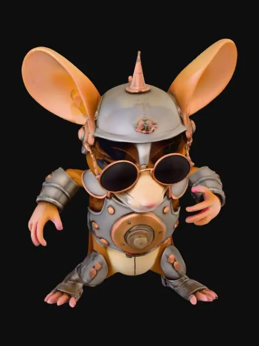 3D model for a steampunk mouse that is brown with black spots standing on two legs. 

Helmet: Made from the rounded cap of a mechanical pencil, painted matte black with copper wire accents. A slit cut out for his eyes gives him a “tactical knight” look.

Chestplate: Formed from a piece of an old stainless steel measuring spoon, bent and shaped to his chest. Smooth, reflective, with a small emblem carved in the center (maybe his family’s old wheat symbol).

Shoulder Guards: Crafted from the hinge-plates of old sunglasses, shaped and riveted onto leather scraps (from a glove or wallet lining).
Arm Guards: Thin brass pen tubes, split and padded with soft cloth—gives a cool "mechanical bracer" look.

Boots: Rubber tips from broken earbuds, turned into functional, shock-absorbing footwear.

