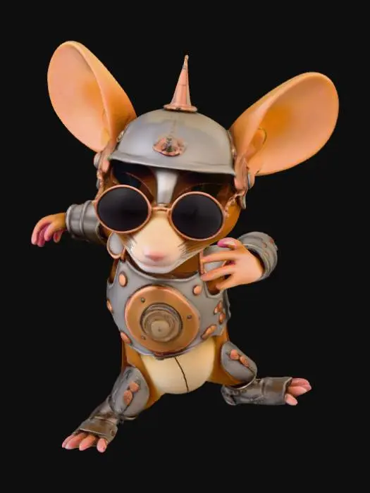 3D model for a steampunk mouse that is brown with black spots standing on two legs. 

Helmet: Made from the rounded cap of a mechanical pencil, painted matte black with copper wire accents. A slit cut out for his eyes gives him a “tactical knight” look.

Chestplate: Formed from a piece of an old stainless steel measuring spoon, bent and shaped to his chest. Smooth, reflective, with a small emblem carved in the center (maybe his family’s old wheat symbol).

Shoulder Guards: Crafted from the hinge-plates of old sunglasses, shaped and riveted onto leather scraps (from a glove or wallet lining).
Arm Guards: Thin brass pen tubes, split and padded with soft cloth—gives a cool "mechanical bracer" look.

Boots: Rubber tips from broken earbuds, turned into functional, shock-absorbing footwear.
