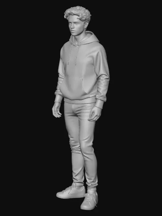 3D model for generami una persona iper realistica che sta camminando deve essere vestito con una felpa, pantaloni e scarpe e deve avere dei capelli ricci e appunto realistica
