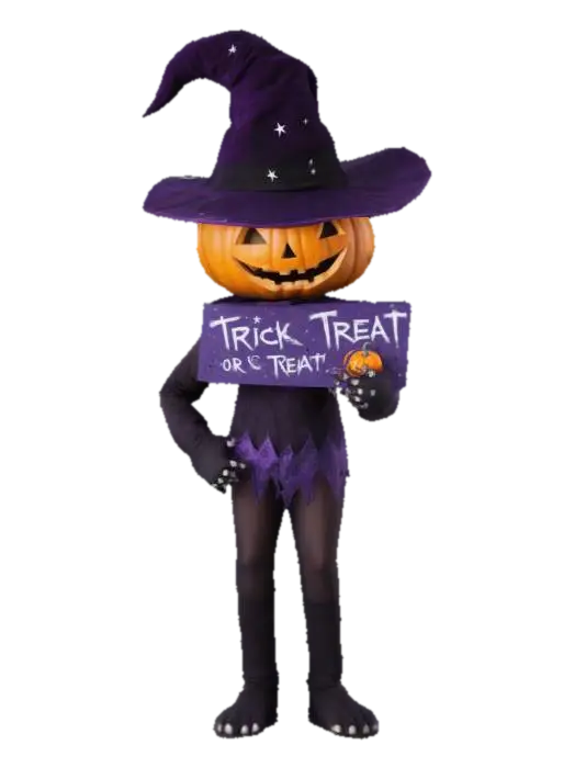 A Halloween-themed character with a pumpkin head and a wide grin, wearing a purple… - Costumes 3D model, vytvořený pomocí AI