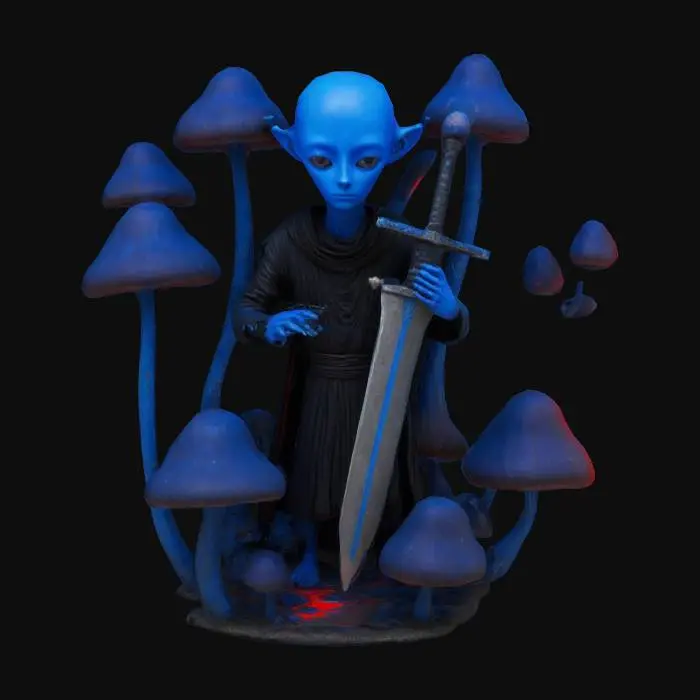 3D model for figura humanoide estilizada con una cabeza alargada y un rostro azul, que lleva una túnica larga y negra. La figura sostiene una espada con ambas manos, y hay numerosas estructuras azules, parecidas a hongos, que crecen alrededor de sus pies. El pecho de la figura tiene un área roja y brillante, lo que añade a su apariencia misteriosa y de otro mundo. Esta imagen es interesante debido a su diseño único y surrealista, que evoca una sensación de fantasía o ciencia ficción