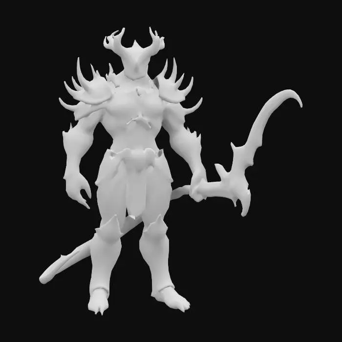 3D model for figura humanoide altamente detallada y compleja con una apariencia muscular y armada. La figura tiene múltiples brazos y está adornada con una armadura elaborada que parece estar hecha de hueso o un material similar. La armadura tiene una mezcla de tonos blancos y dorados, con acentos rojos, especialmente alrededor de la parte inferior del cuerpo y las piernas. La figura sostiene una gran espada ornamentada con una hoja ondulada en su mano derecha. fantasía, mitológicos