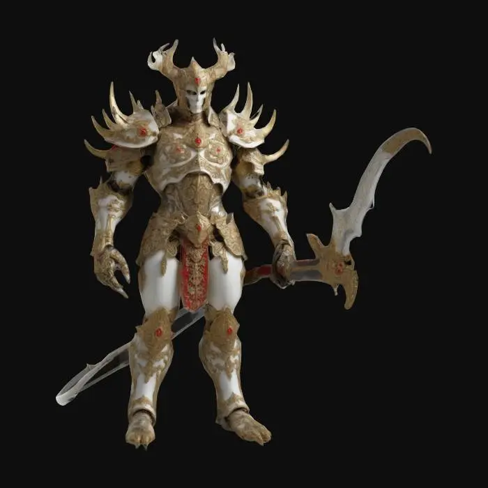 3D model for figura humanoide altamente detallada y compleja con una apariencia muscular y armada. La figura tiene múltiples brazos y está adornada con una armadura elaborada que parece estar hecha de hueso o un material similar. La armadura tiene una mezcla de tonos blancos y dorados, con acentos rojos, especialmente alrededor de la parte inferior del cuerpo y las piernas. La figura sostiene una gran espada ornamentada con una hoja ondulada en su mano derecha. fantasía, mitológicos