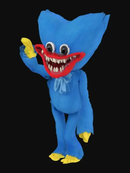 3D model for Um boneco Huggy Wuggy alto e esguio, coberto por uma pelagem azul-cobalto densa e felpuda, que o torna macio e convidativo ao toque. Sua cabeça é grande e redonda, com olhos negros e redondos e uma boca enorme que se estende por toda a largura do rosto, revelando uma linha de dentes brancos e afiados. Seus braços e pernas são desproporcionalmente longos e finos, com mãos grandes e pés achatados, conferindo-lhe uma silhueta alongada e um tanto sinistra.