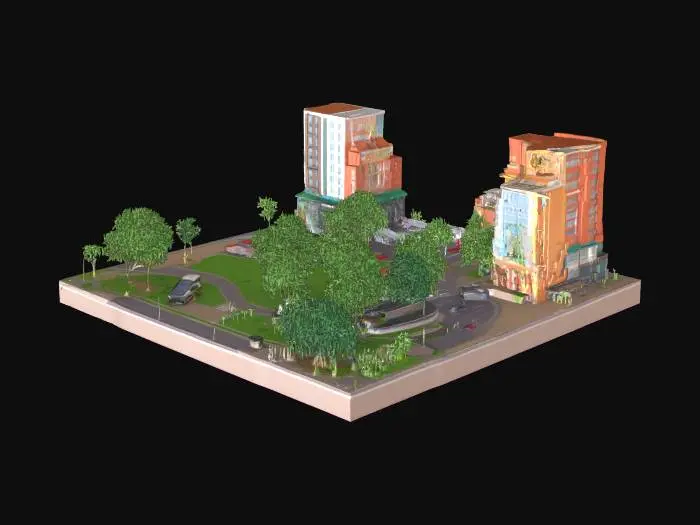 3D model for realistic modern city with roads, shops, apartment buildings and a central park in Roblox stile