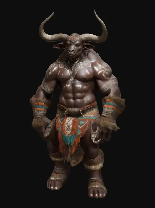 3D model for A minotaur, dressed with tribal attire. Realistic, base pose