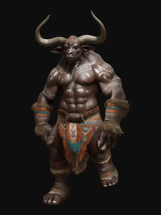 3D model for A minotaur, dressed with tribal attire. Realistic, base pose