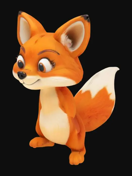 3D model for 一只卡通风格的狐狸，体态圆润，四肢略短，呈现直立的站姿，显得活泼可爱。它的毛发看起来柔软而蓬松，像是光滑的橙色和奶油色短绒。头部设计夸张，眼睛大而明亮，带着一丝狡黠又诙谐的表情。尾巴粗大上翘，尖端呈白色，整体触感应是柔软且富有弹性的，材质像打磨光滑的塑胶或毛毡。
